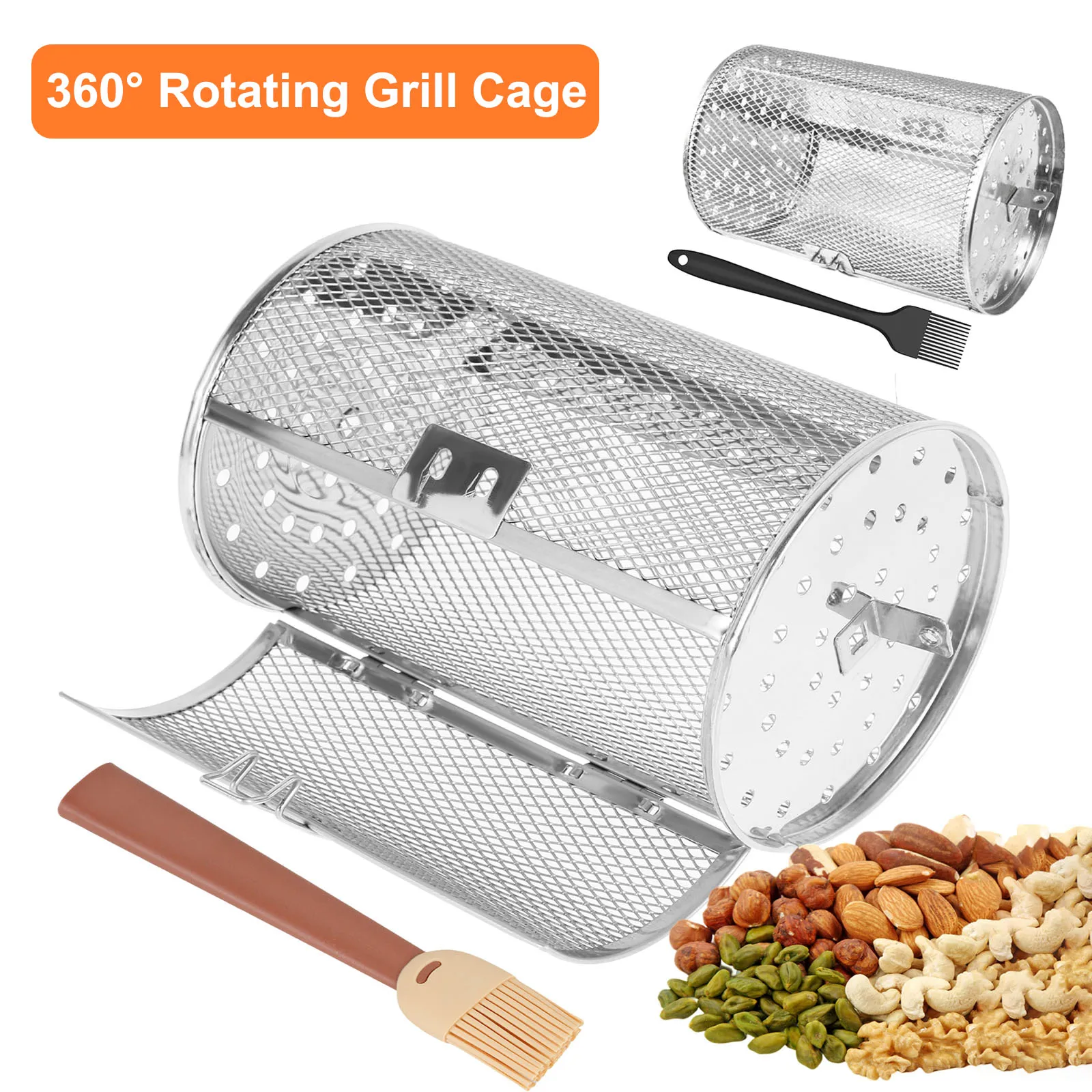 Rotisserie Basket Stainless Steel Grill Basket Oven 360° Rotating Grill Drum Cage Nut Coffee Bean Grill Basket Air Fryer Gadget