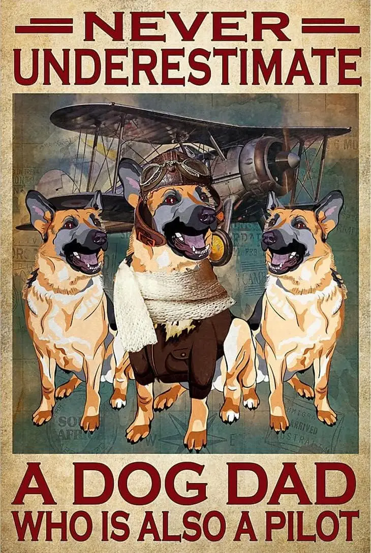 Tin Signs - Never Underestimate A Dog Dad Who is Also A Pilot Gift for Family Friend Tin Sign Home Wall Art Metal Sign Home Wall