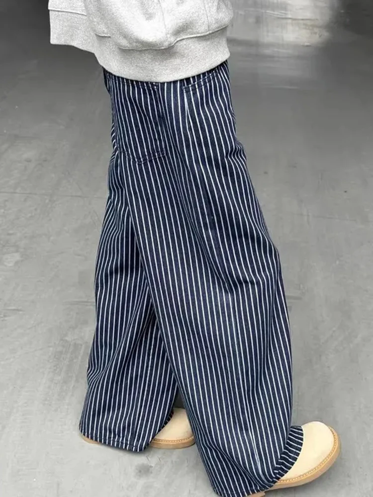 

Zoki Vintage Blue Striped Jeans Women Casual High Waist Loose American Denim Pants Harajuku Streetwear Bf Hip Hop Wide Leg Pants