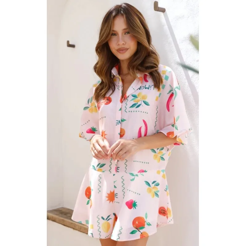 Vacation Style Two Piece Sets Summer New Fashion Women's Fake Jumpsuit Elegant Printed Casual Simple Flip Collar Short Jumpsuit