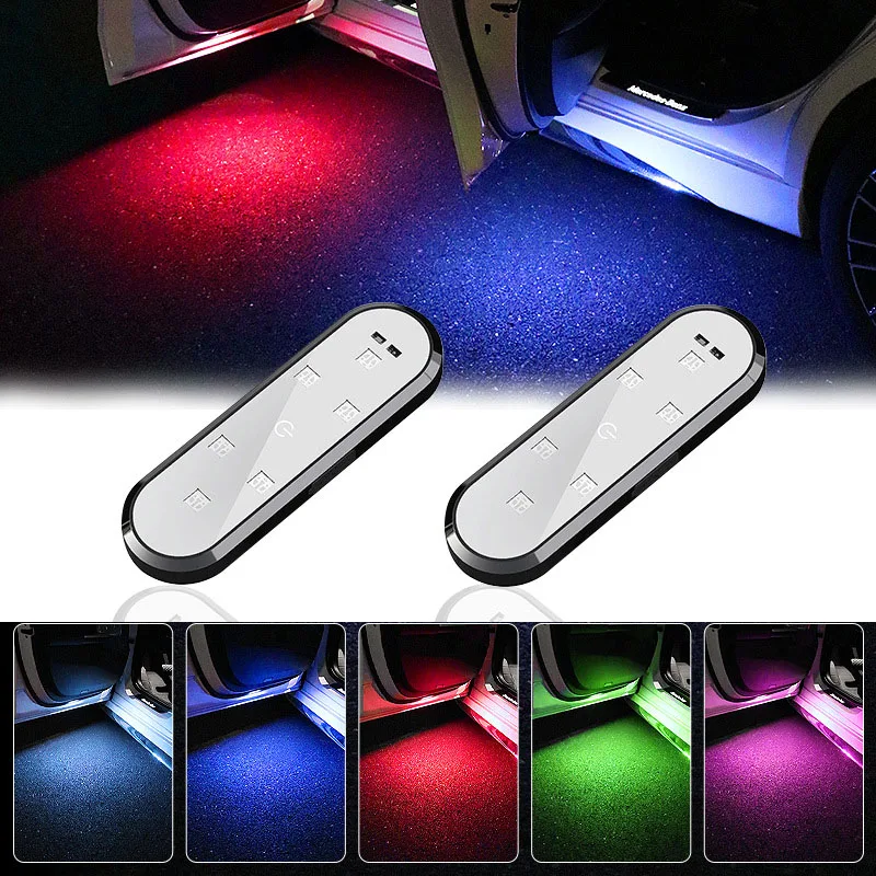

2 шт. автомобильные светодиодные RGB-подсветки для дверей, беспроводные сигнальные огни, USB-подсветка, без проводки, магнитные, для создания атмосферы в салоне автомобиля