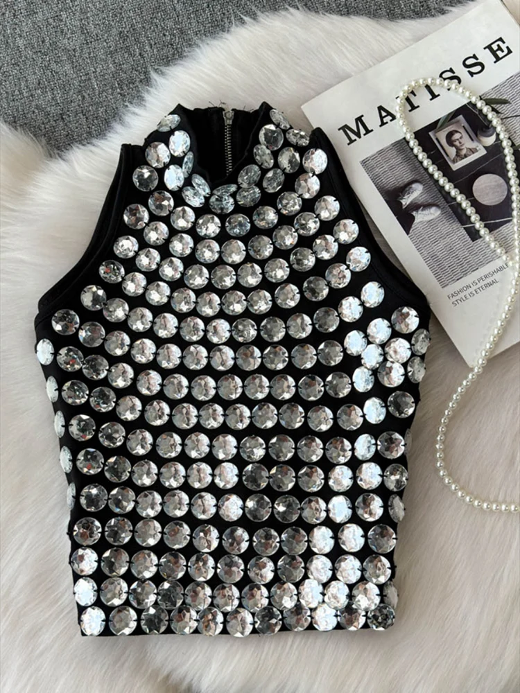 

Women Summer New Slimming Chic Outer Wear Tops Sexy Top Heavy Industry Sparkling Diamond Design Sense Sleeveless Vest