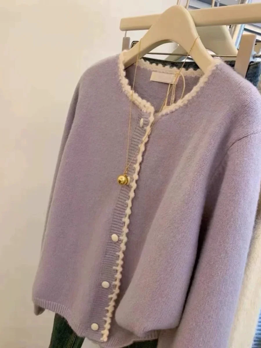 High Quality Soft Knitted Jacket Sweet Elegant Women Long Sleeve Sweater Coat Solid Purple Cardigan Lace Knit Korean Style Tops