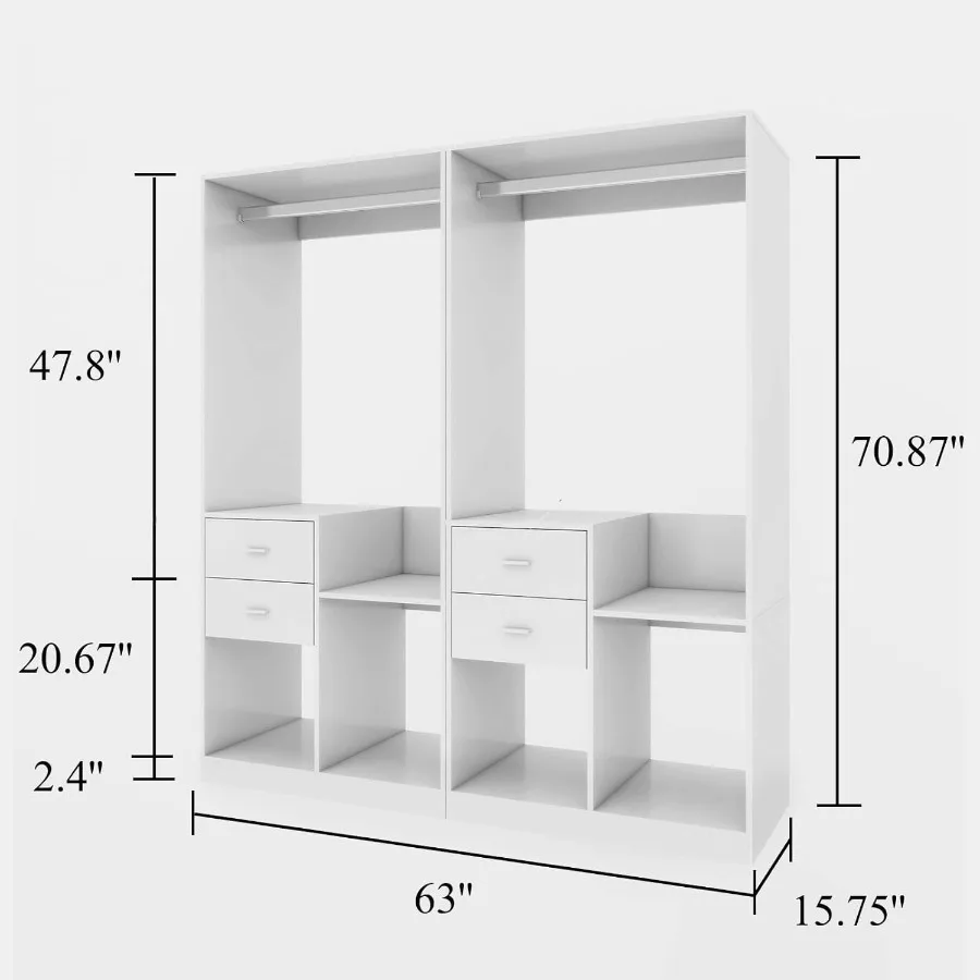 Sistema de armario de madera con 4 cajones, armario de almacenamiento, 2 rieles colgantes y estantes, estante para ropa incorporado, armario para caminar o
