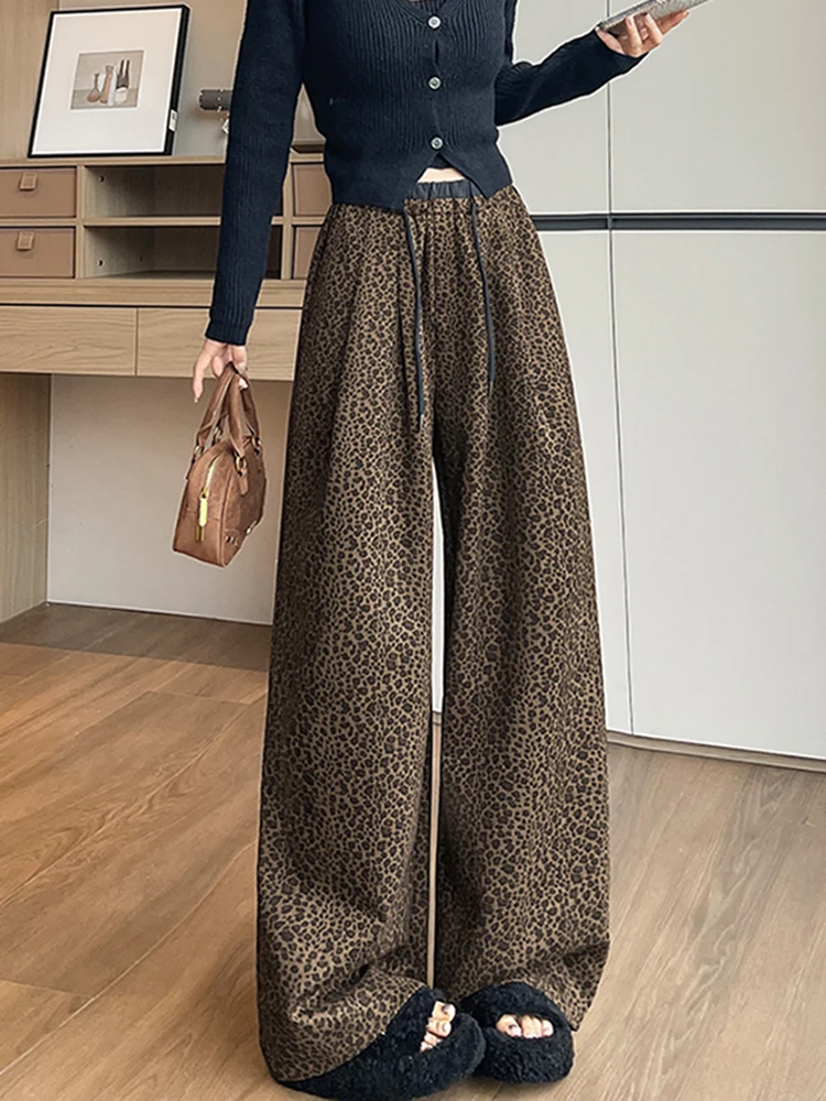 بنطلون نسائي واسع الساق بخصر مرتفع وطبعة الفهد من الجلد المدبوغ، فضفاض مع حزام مطاطي، جديد للخريف والشتاء، يساعد على تنحيف الجسم