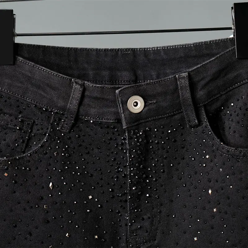 New Slimming Jeans Men's Babysbreath Hot Diamond Black Denim Trousers Trendy Versatile Elastic Small Feet Starry Sky Denim Pants
