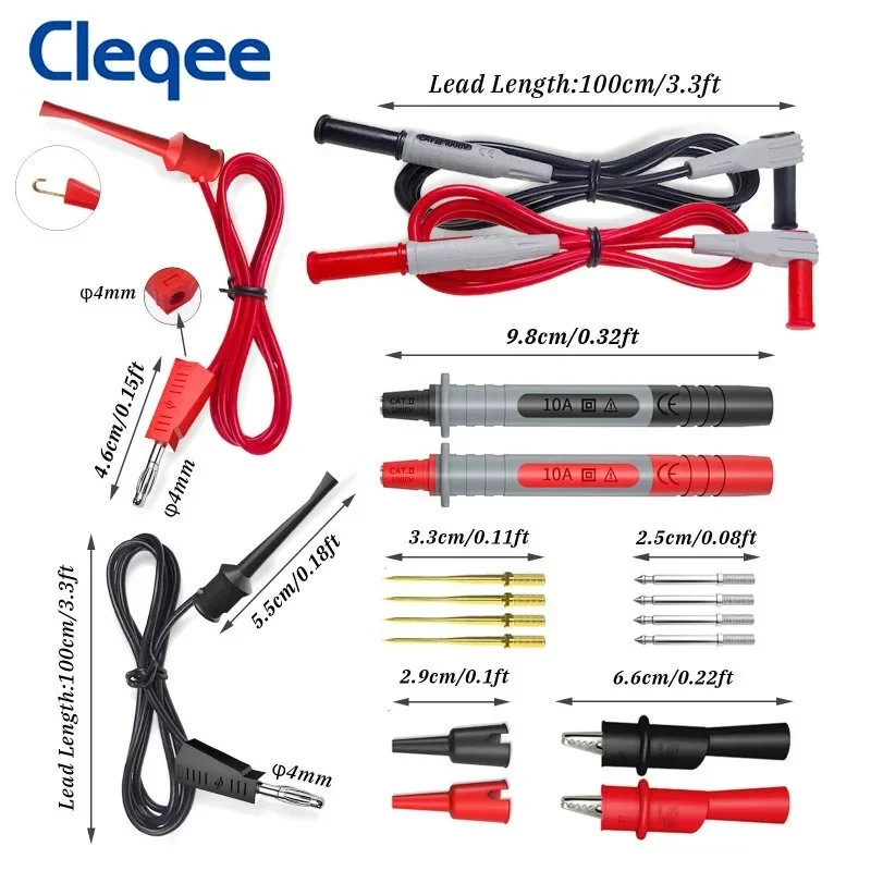 Cleqee P1308B 18 Chiếc Chì Kiểm Tra Bộ 4MM Chuối Cắm Để Thử Nghiệm Móc Cáp Có Thể Thay Thế Đồng Hồ Vạn Năng Đo Kiểm Tra Dây đầu Đo Kẹp Cá Sấu