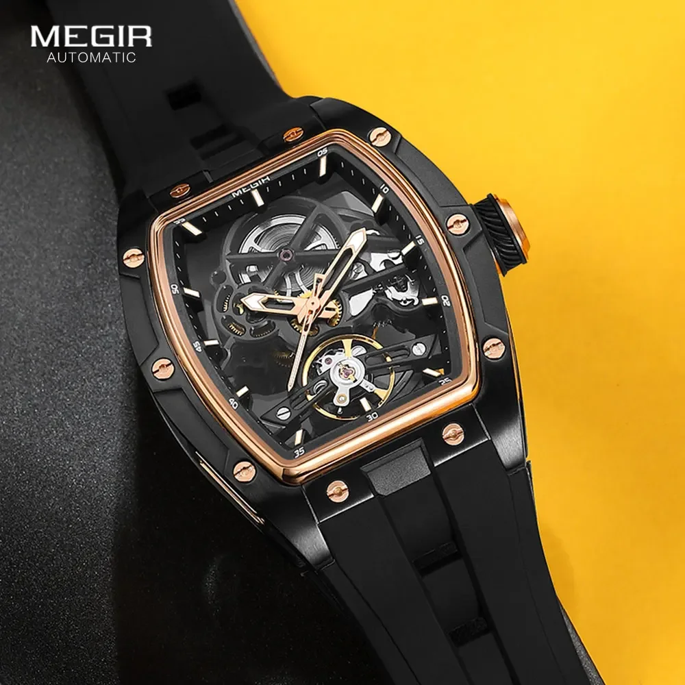 MEGIR Automatic Wristwatch Men Fashion Black Silicone Strap Wateproof Luminous Sport Mechanical Watch with Tonneau Dial 2242