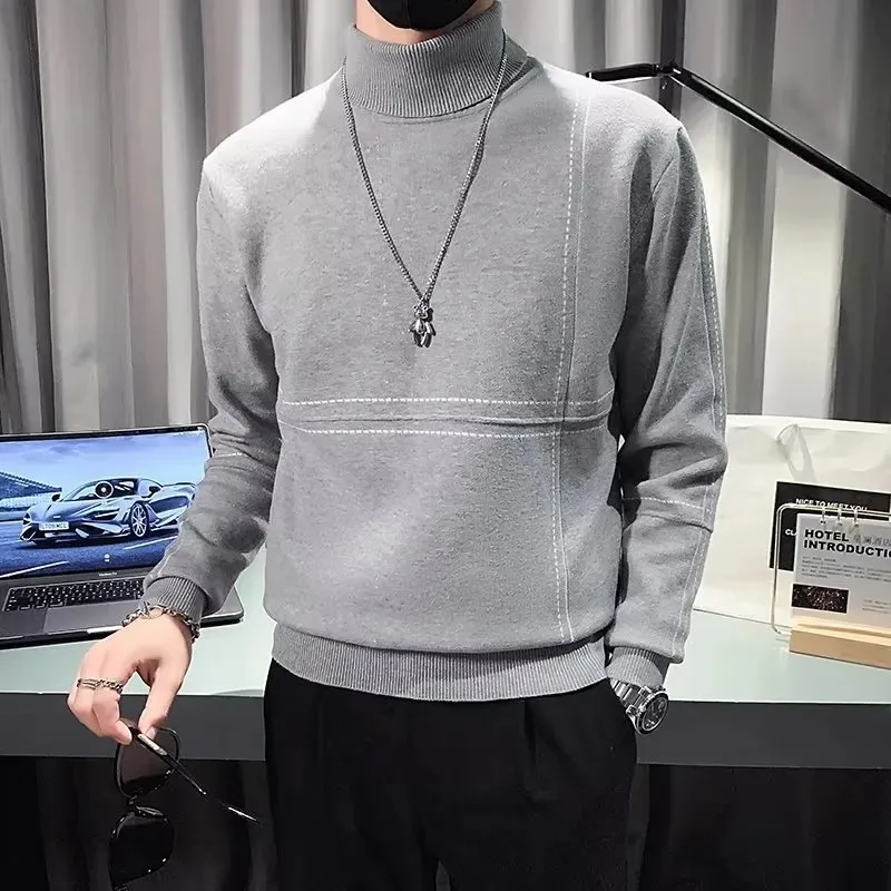 High Collar Men's Korean Style Autumn and Winter Bottoming Sweater Solid Color Long-sleeved Pullover Casual Fashion Top