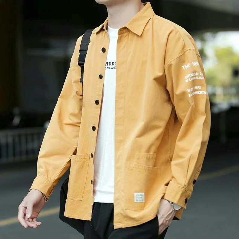 

Свободная длинная рабочая одежда Sve irt, мужская универсальная повседневная Гонконгская одежда, весенне-осенняя модная верхняя одежда, молодежная кино...