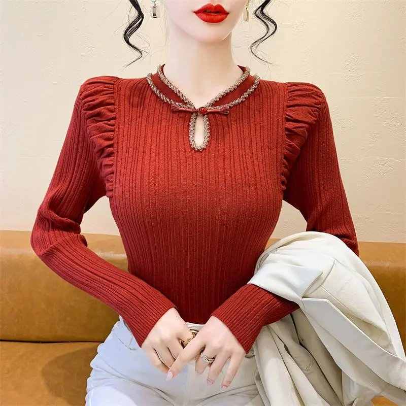 Nail Drill Half Turtleneck New Chinese Style Design Button Puff Sleeve Sweater Women's Base Shirt