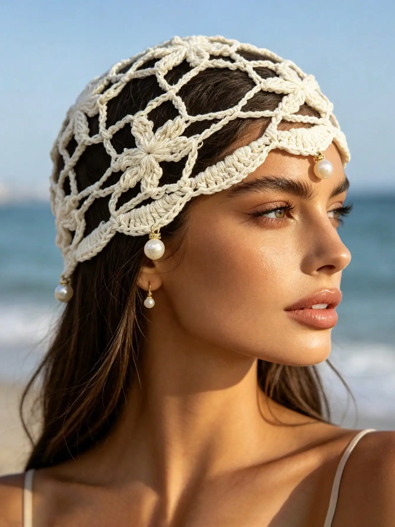 1pc Bohemian Handmade Crochet Pearl Pendant Hollow Knit Hat, Versatile Hair Accessory Suitable For Beach Vacation Daily Wear