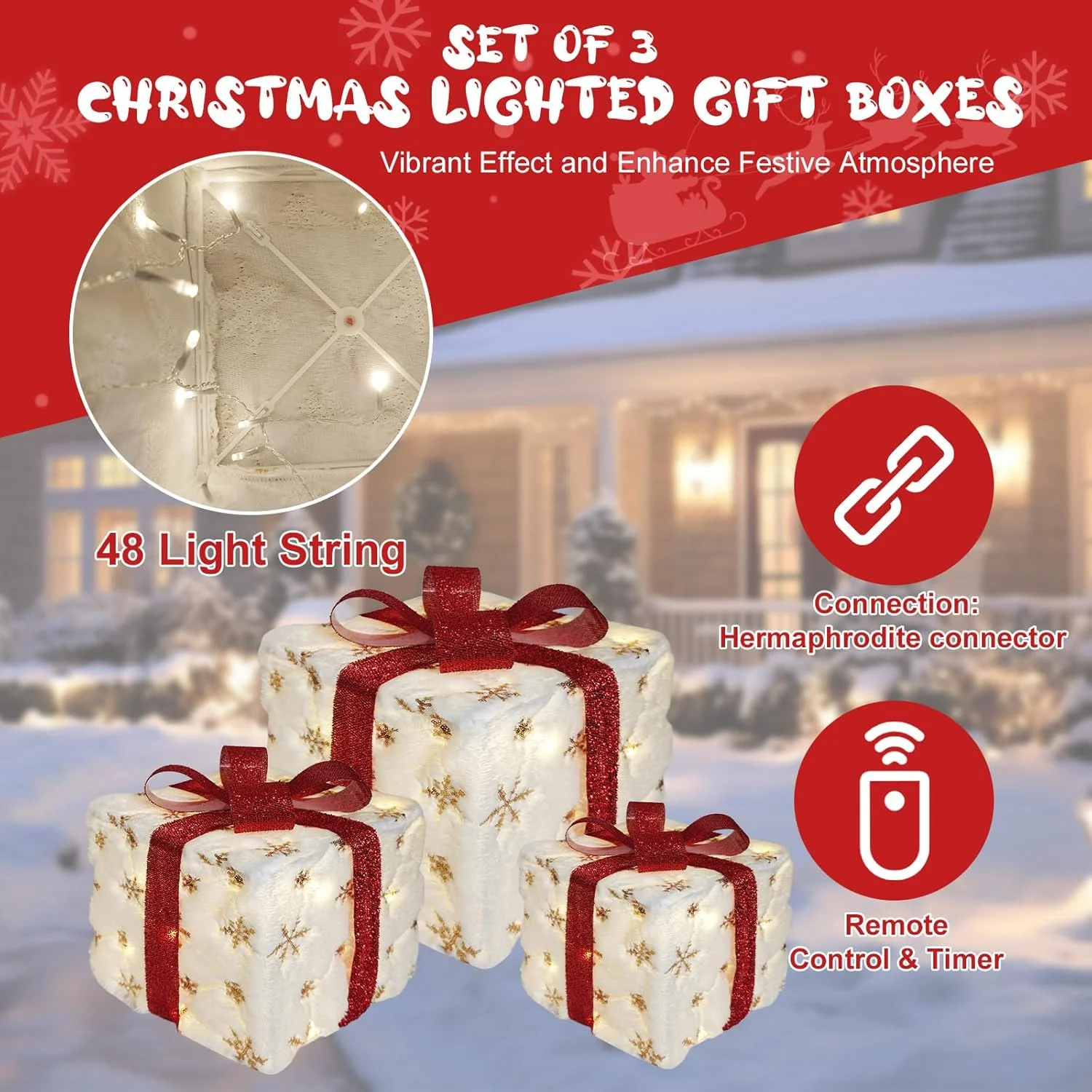 3Pcs/Set PVC Christmas Gift Box Set Luminous Folding Christmas Lighting Box with Bow Ribbon Christmas Glowing Decoration Outdoor