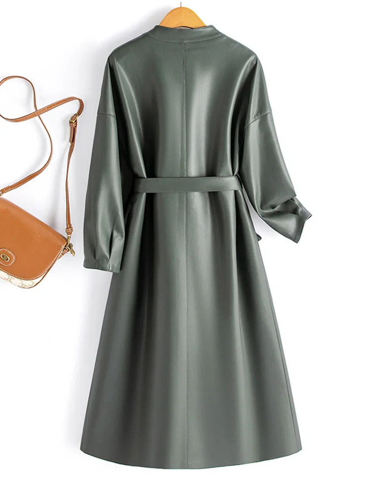 2025 Wiosenny i jesienny skórzany płaszcz z paskiem Średnio długi styl wiatrówki Temperament Moda dojeżdżająca do pracy Płaszcz z dekoltem w szpic