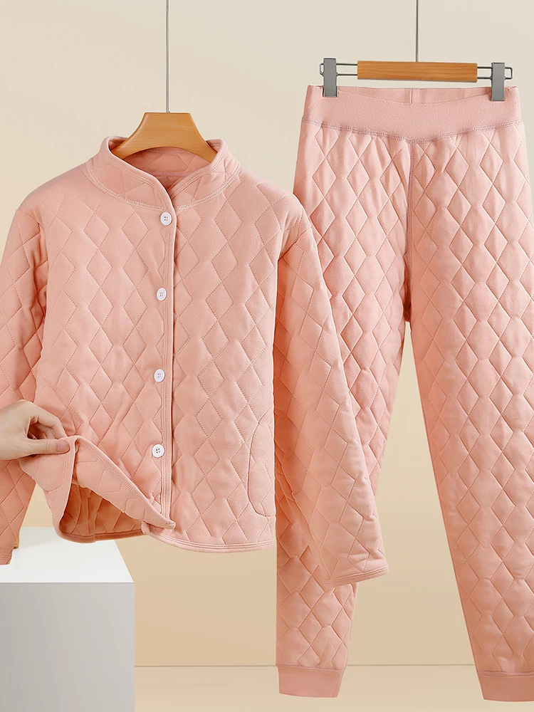 

Ladies Winter Thiened Cotton Padded Set Stand Collar Silk Velvet Warm Inner Wear Two Piece Suit Long Pants Home Comfortable