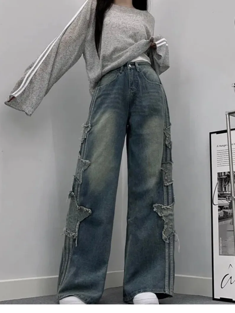 

Fashionable Star Embroidered Denim Pants Women's Loose Wide Leg Floor Length Trousers Draping Effect Spring 2026 New Arrival