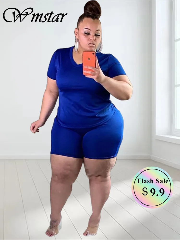 Wmstar Plus Size Women\'s Clothing Short Sets Summer Solid Casual Super Stretch Two Piece Sports Suit Wholesale Dropshipping