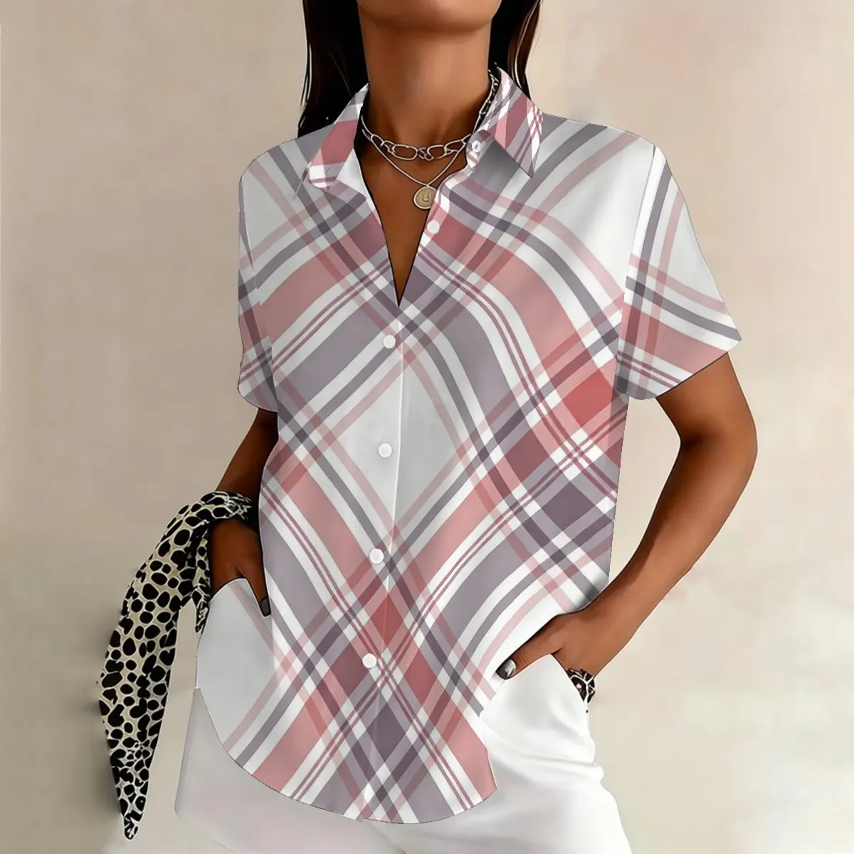 

Simple and personalized striped print summer women's plus size lapel short sleeved shirt, fashionable daily versatile casual top
