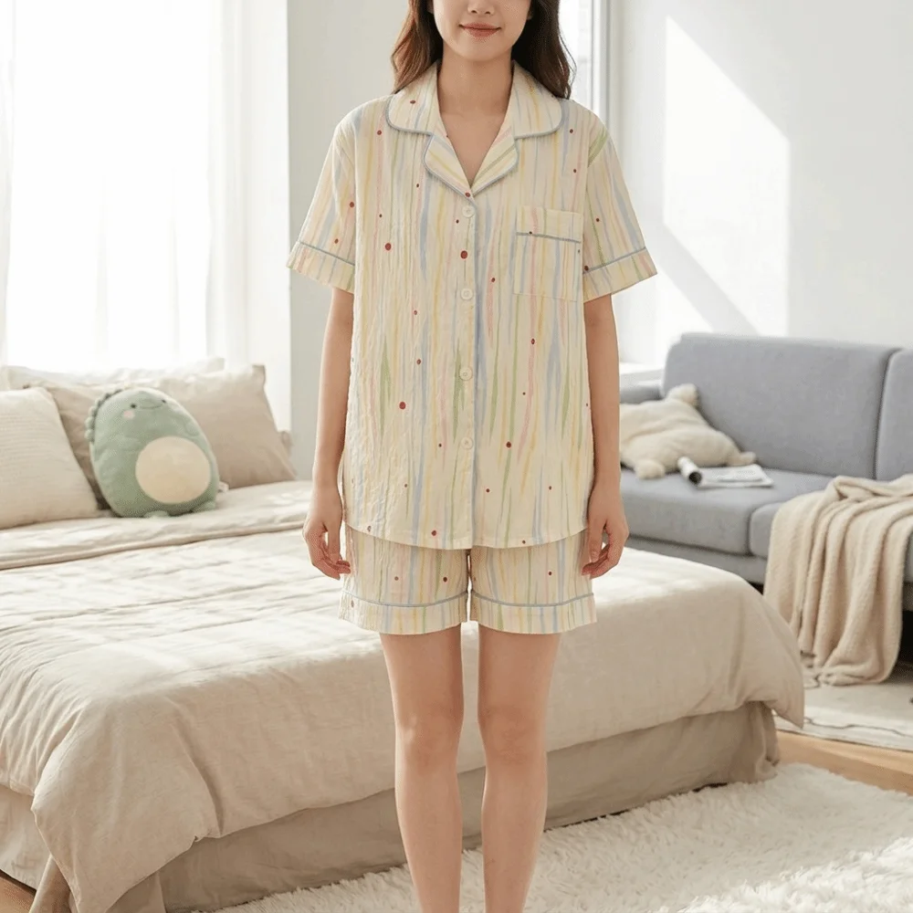 Cloud Cotton Pajama Set Lightweight Breathable Loungewear Set Pastel Print Button Front Short Sleeve Pajamas Outdoor Wear