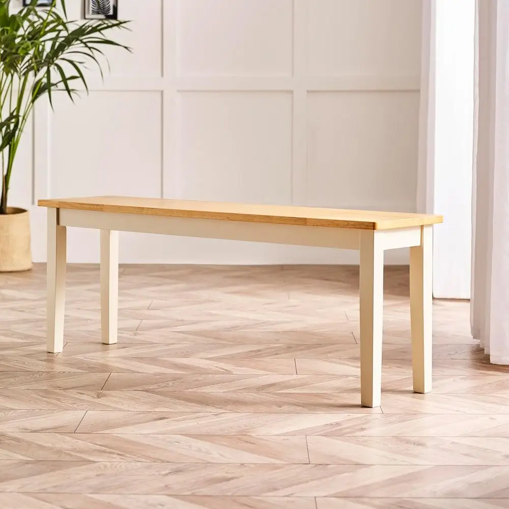 

Large Cream Wood Dining Bench - Indoor Kitchen Bedroom Furniture with Pale Oak Stain Seat and Cream Legs