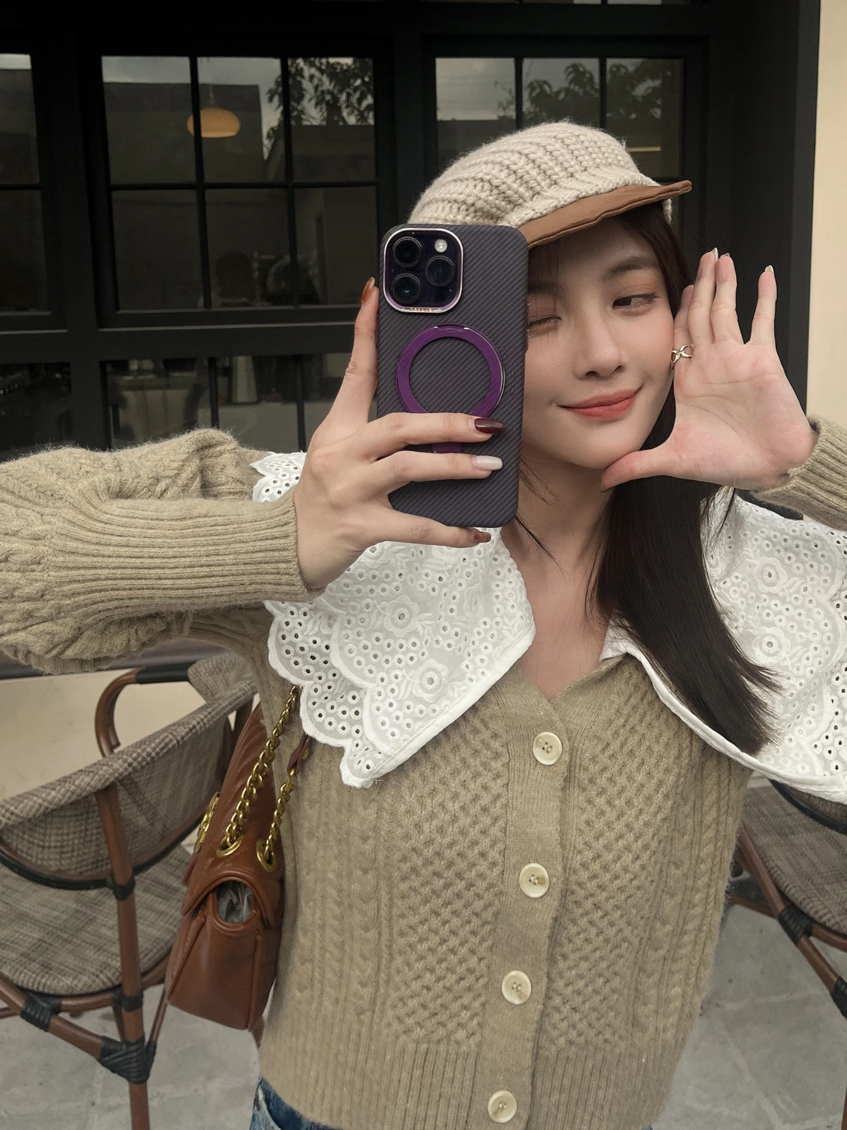 Drop-Shoulder Long-Sleeve Wool Knitted Cardigan Sweet Feminine Retro Twist Weave Top V-neck Thick Soft Glutinous Sweaters