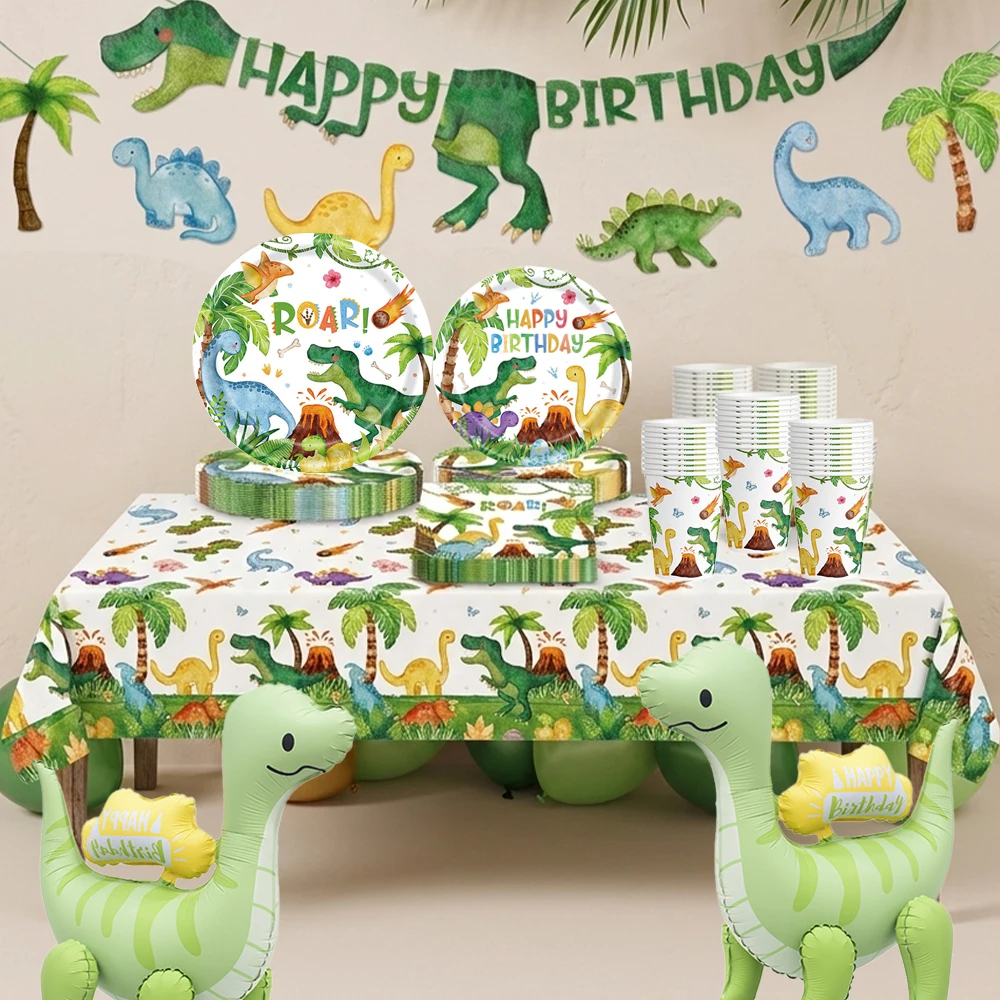 Dinosaur Birthday Decoration Tableware Paper Plates Napkins Cups Banner Tablecloth Balloons Kids Boys Jungle Dino Party Supplies
