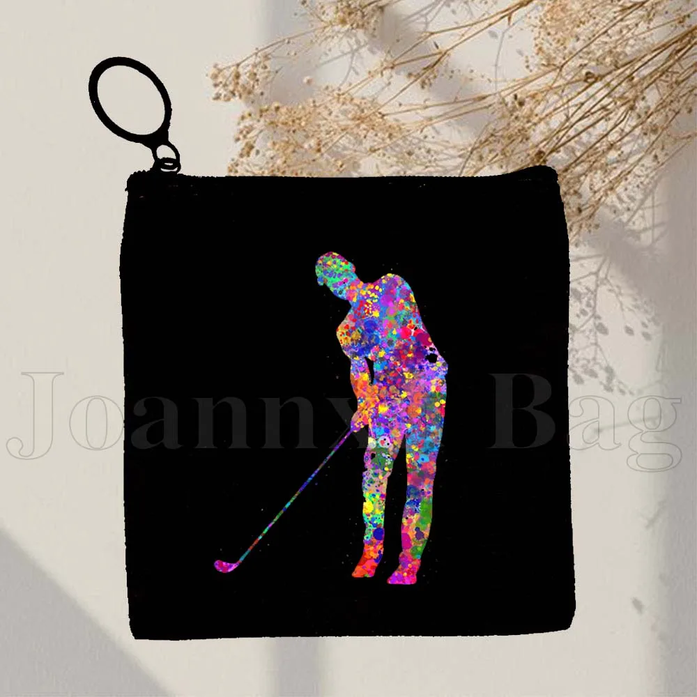 Colorful Male Female Golfer Gifts Golf Player Canvas Coin Purse Canvas Bag Small Square Key Storage Card Bag Wallet Zipper Pouch