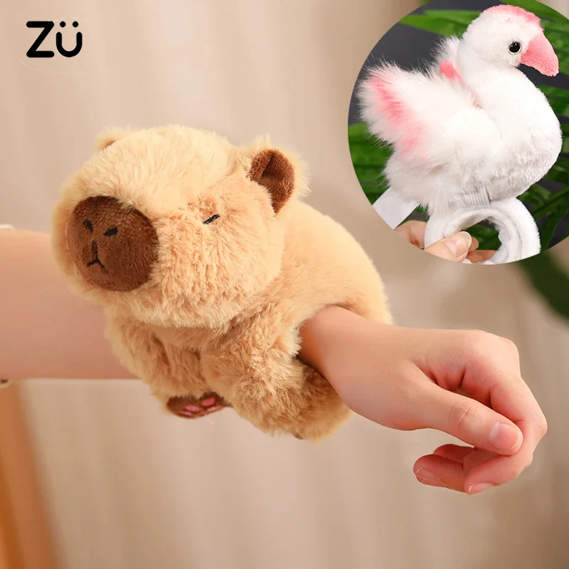 23cm Kawaii Capybara Plush Hand Ring Wristband Stuffed Animal  Flamingo Raccoon Slap Snap Wrap Bracelet Kids Toys Birthday Gift