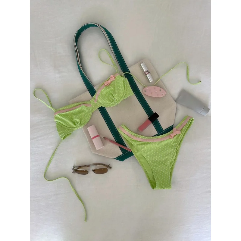 

2025Yonghe New Polka Dot Bowknot Swimsuit Adjustable Straps Cute Bikini Set Wholesale