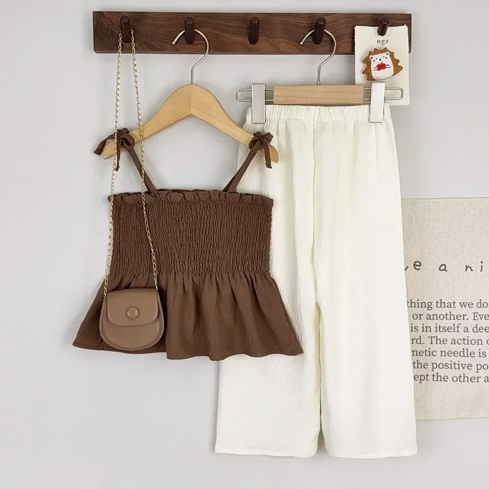 Korean Version Summer Girls Suit Khaki Ruffle Suspenders T-shirt + Beige Pants 2Pcs Set Kids Clothes 3-7 Years Wear