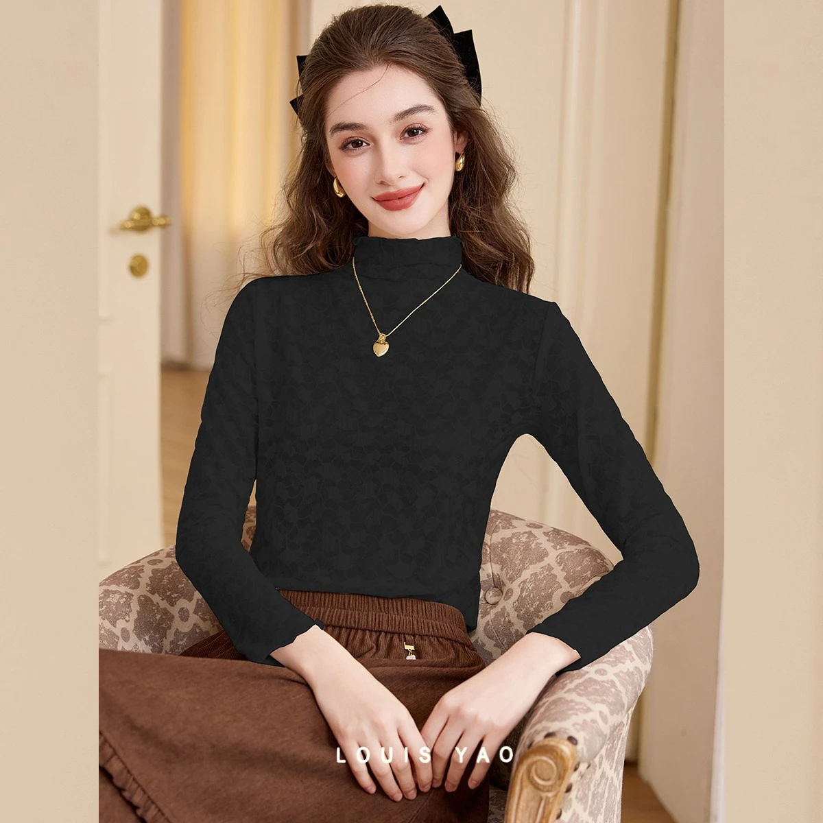 LOUIS YAO Half-High Neck Women's T-Shirt 2025 Fall/Winter Tees Softly Pullover Jacquard Base Layer Long Sleeve T-Shirt