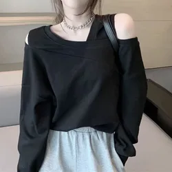 New Spring and Autumn Fashion Design Sense Off Shoulder Round Neck Loose and Versatile Foreigner Long Sleeve Women's Sweater