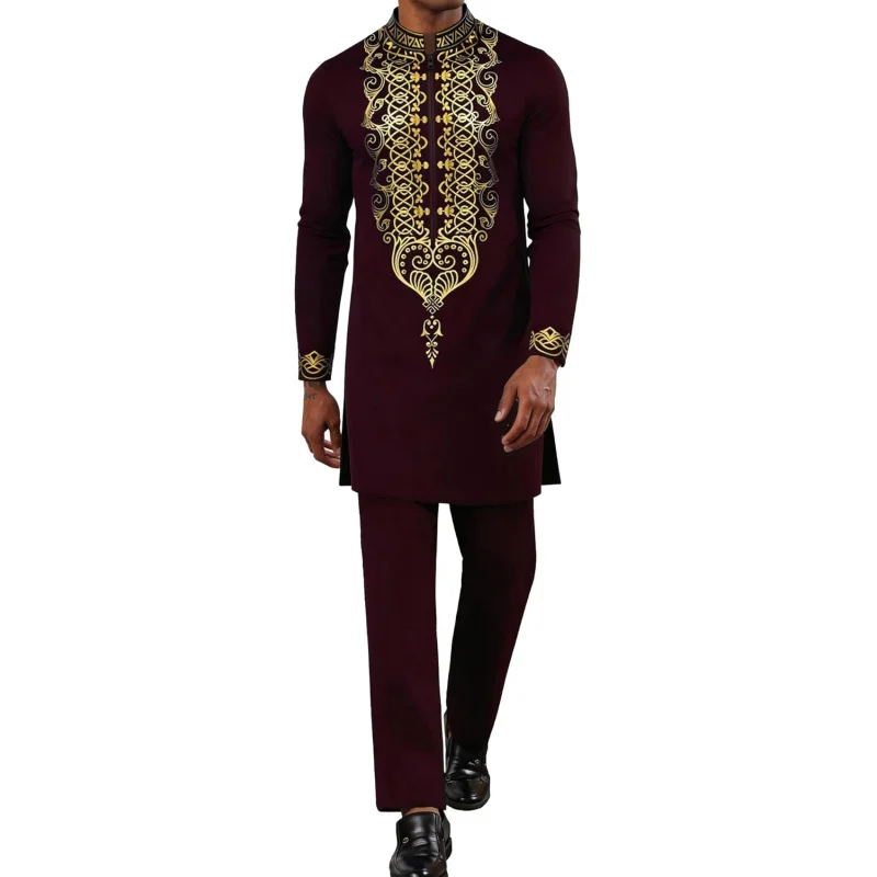 

Mens African 2 Piece Set Half Zipper Nigerian Dashiki Metallic Shirt and Pants Outfit Gold Stamp Long Traditional Suit