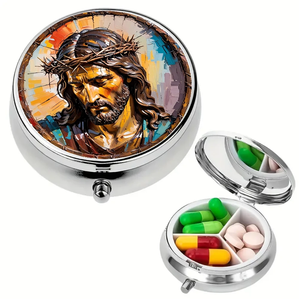 1 Flat Pill Box with Jesus Christ Wearing a Crown of Thorns Religious Art Print, Three-Compartment Portable Pill Box Suitable for Daily Use, Travel, and Outdoor Activities