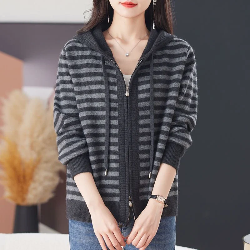 

Hooded Sweater Loose Zipper Jacket Fashionable Casual Knitted Cardigan Striped Top