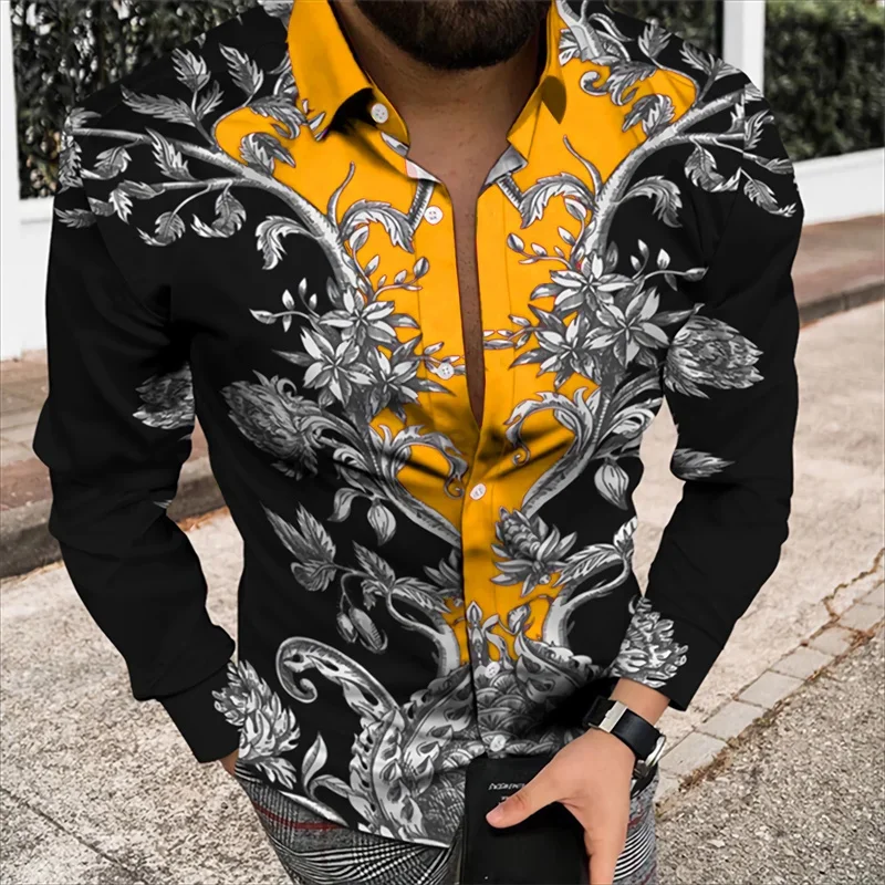 Men's long-sleeved lapel Hawaiian shirt European court vintage floral pattern 3D printed shirt Men's fashionable casual button