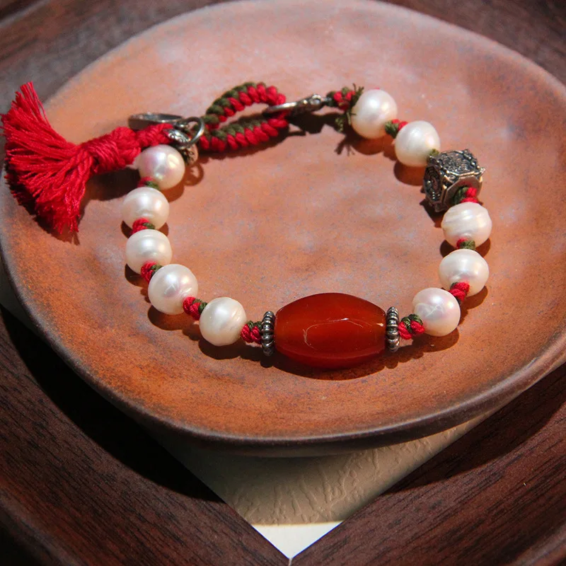 

Новый стильный регулируемый серебряный браслет ручной работы с натуральным жемчугом и агатом для мужчин и женщин