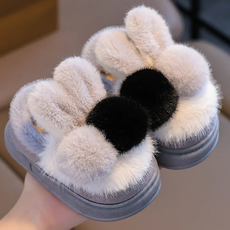 Cute Rabbit Girls Slippers Bow Pom Pom Faux Fur Soft Toddler Children Slippers Winter Plush Warm Kids Home Shoes