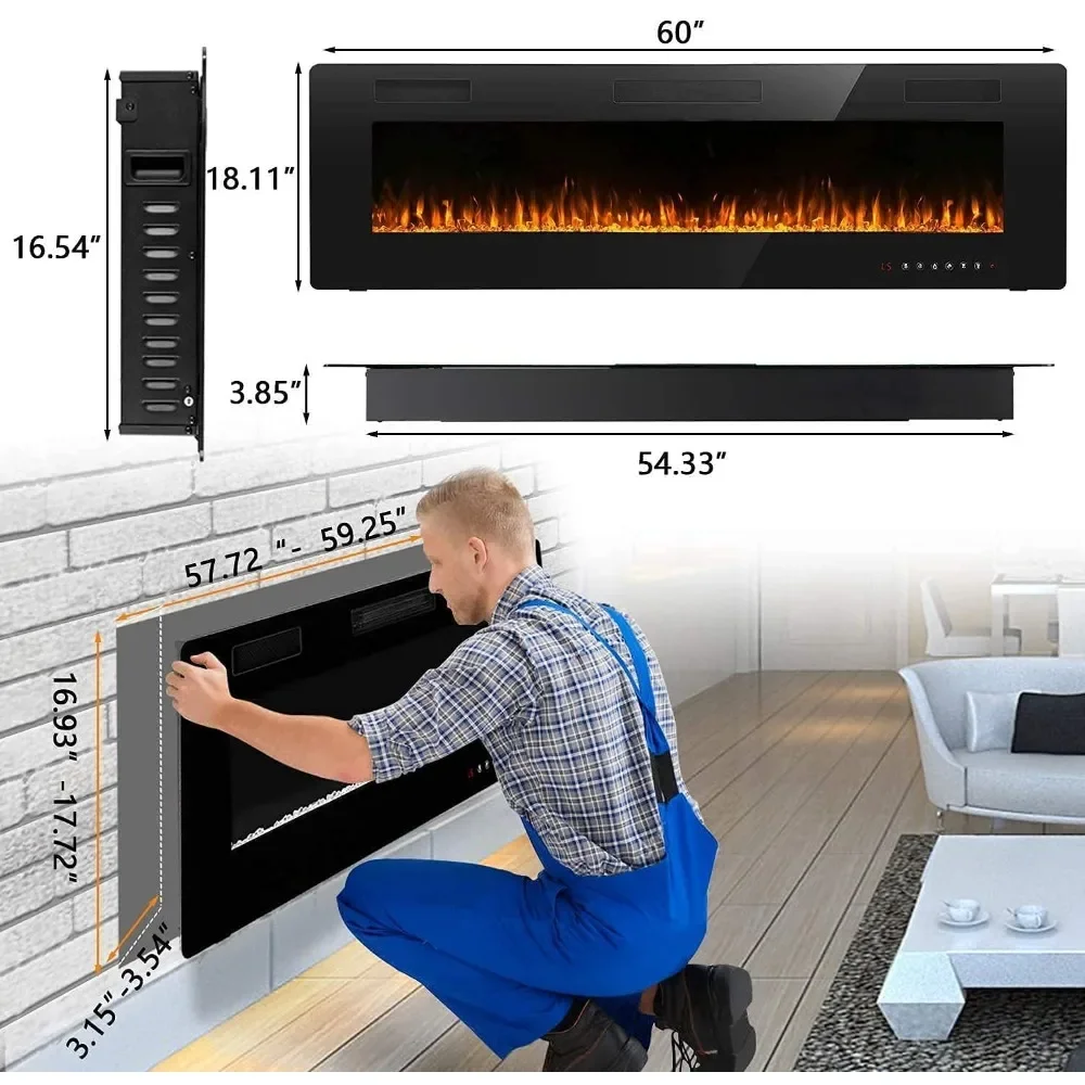 BOSSIN 60 inch ultradunne stille lineaire elektrische haard, verzonken wandgemonteerde haard, geschikt voor 2 x 4 en 2 x 6 noppen