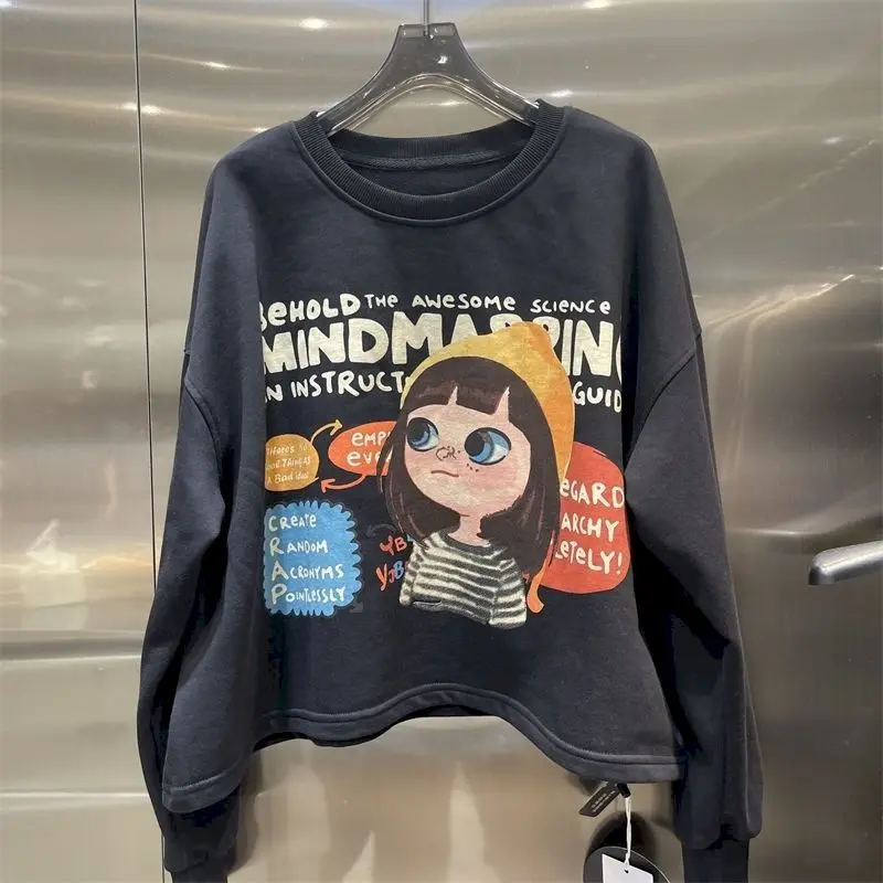 Original Fashion Pullovers Women Letter Cute Cartoon Printed Pullover Casual Loose Long Sleeve O-Neck Tops 2024 Autumn New In