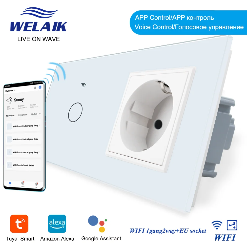

WELAIK EU Tuya WIFI Google Aisle Stairs 1gang2way Crystal-Glass Panel LED Light Wall Touch-Switch 16A Power Socket A29128ECW-WIF