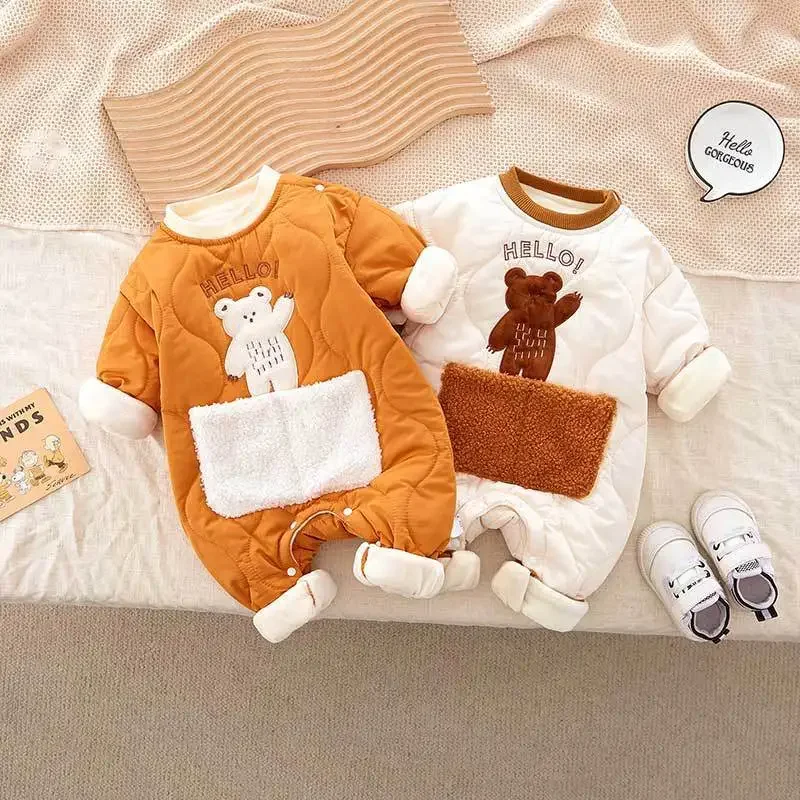 2024 Winter Baby Clothing 0-2Y Newborn Thicken Jumpsuit Infant Fur Lining Warm Rompers Toddler Cartoon Bear Outwear