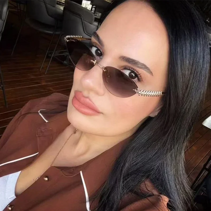 New Cat Eye Rivet Rimless Sunglasses Women Luxury Fashion Brand Oval Narrow Sun Glasses Shades Trendy Elegant Unique Eyewear view 5