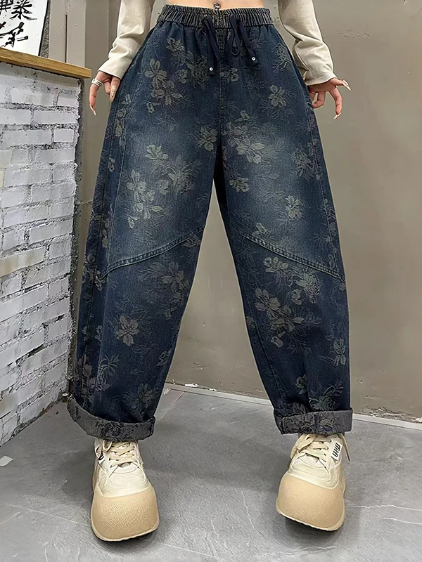 Washed High Waist Casual Jeans Women's plus Size Loose Fit Blue Cotton Polyester Blend Autumn New Style Brand Ladies Jeans