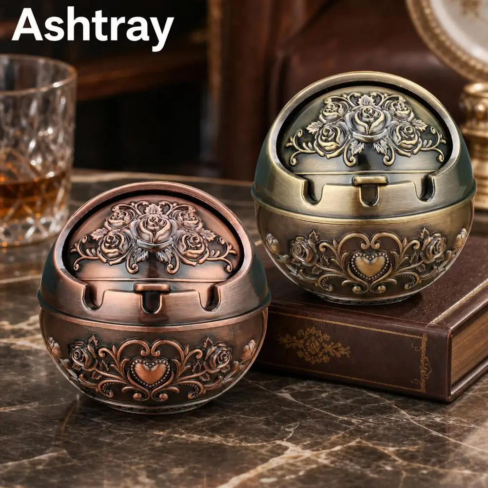 Vintage Metal Ashtray Windproof Globe Sphere Rose Carved Cigarette Ash Tray Lid Table Desktop Home Office Bar Outdoor Decor