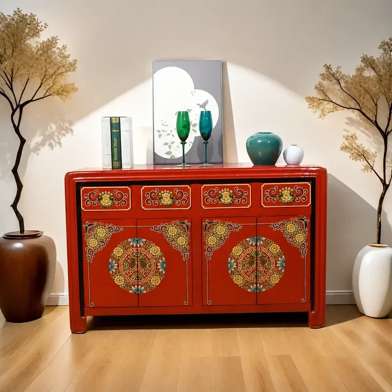 New Chinese Style Solid Wood Painted Dining Side Cabinet Retro Classic Pastoral Entrance Console Ming Qing Antique Storage