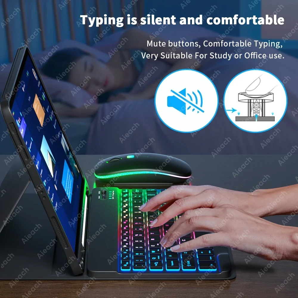 لوحة مفاتيح AIEACH iPad لجهاز Pro 13 M4، 12.9 3-6th، 11 1-4th، Air 13/11 M2/M3، Air(4-5th)، iPad 7-10th، حامل قلم رصاص بإضاءة خلفية #3