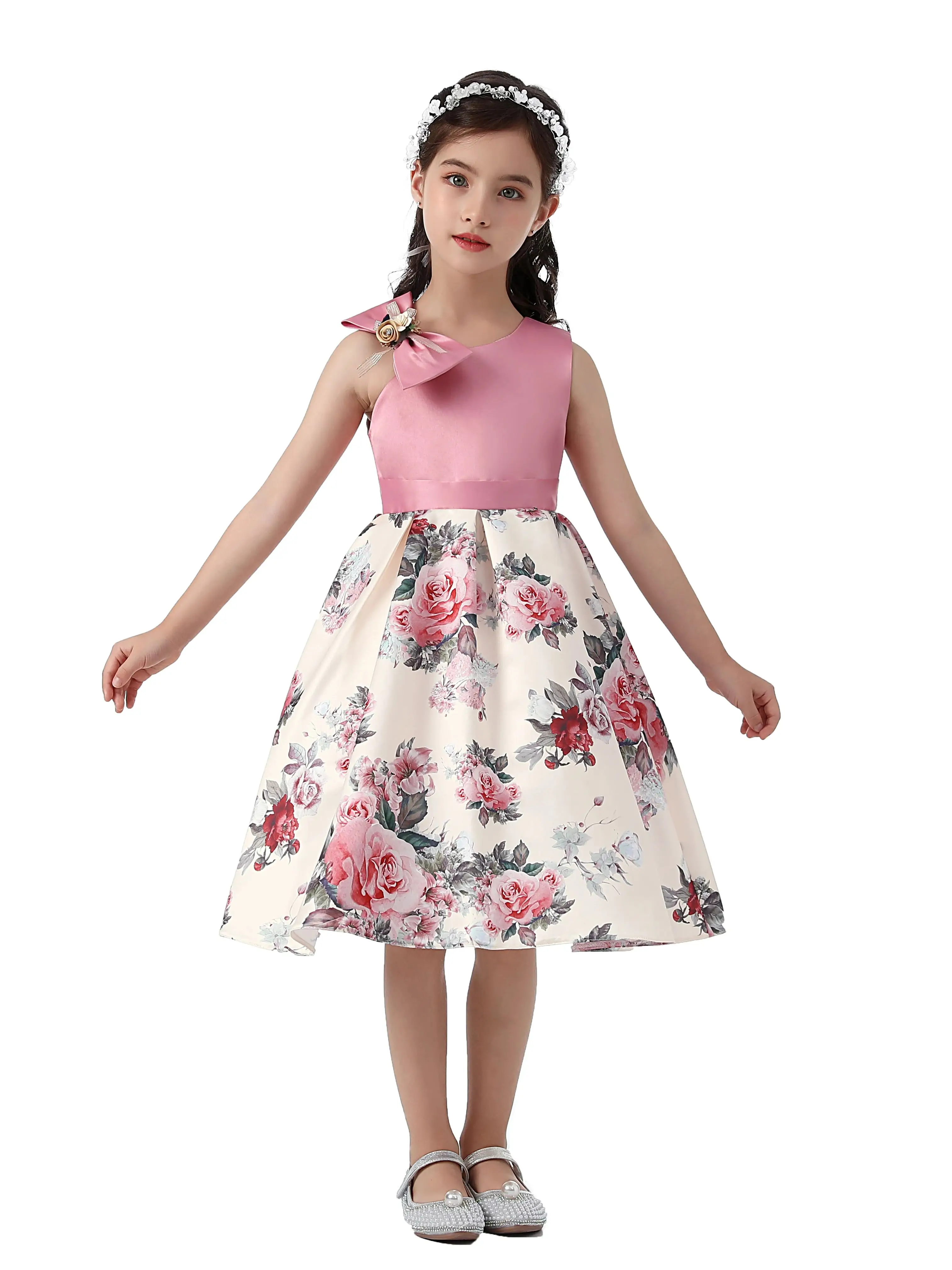 

Slightly shoulder-baring bow tie children's dress, printed dress, girl's party dress, festival performance dress, princess dress