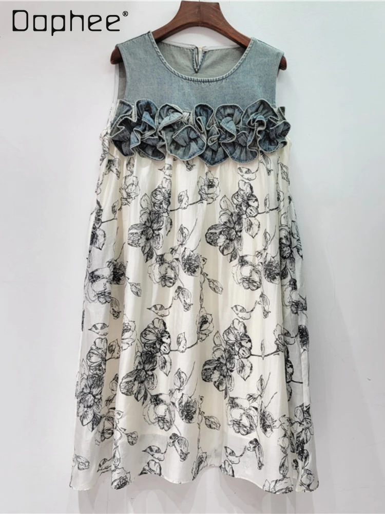 Elegant Flower Print Denim Midi Swing Dress Falbala Patchwork O-neck Sleeveless Pullover Casual Sundress Floral Blouses Fashion