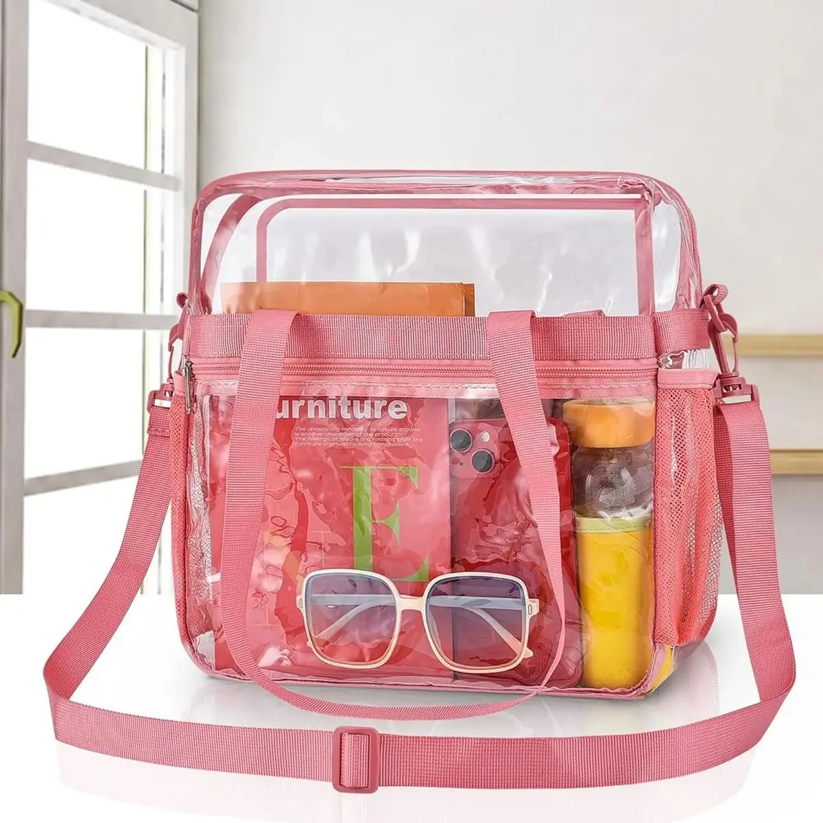 Pink Portable PVC Travel Bag for Concerts Sports Festivals,Large Capacity Transparent Design for Easy Organization and Washing image 2